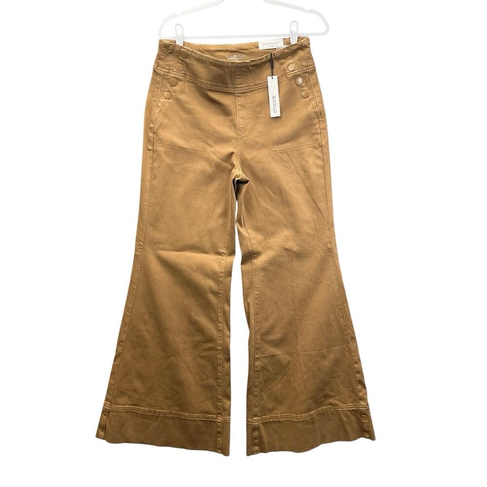 Chicos Pants Brown Pull On Flare Sailor Button High Rise Stretch Sz. 10R New NWT